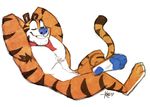  2017 anthro blue_nose feline frosted_flakes fur kellogg&#039;s kihu male mammal mascot muscular pecs simple_background solo stripes tiger tony_the_tiger 