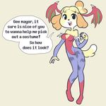  2017 4_fingers alternate_costume animal_crossing anthro armwear bat_wings boots breasts canine cleavage clothed clothing cosplay digital_media_(artwork) dog elbow_gloves female fingerless_gloves footwear fur gloves hair hi_res isabelle_(animal_crossing) itsunknownanon legwear leotard lilith_aensland looking_at_viewer mammal membranous_wings nintendo pantyhose pose short_hair simple_background solo standing succubus video_games wings yellow_fur 