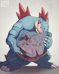  2017 3_toes 5_fingers abdominal_bulge anthro anthrofied bear big_claws black_nose blue_feathers blue_hair blue_scales blue_tail blue_wings claws clenched_teeth crest crocodilian digital_media_(artwork) duo facial_piercing fangs feathered_wings feathers feraligatr front_view fur grey_background hair hand_on_stomach hi_res internal licking licking_lips male mammal nintendo nose_piercing nose_ring nude open_mouth piercing pink_tongue plantigrade pok&eacute;mon pok&eacute;mon_(species) pok&eacute;morph polar_bear post_vore red_eyes reptile saliva scales scalie signature simple_background skaifox spetum_piercing standing teeth toe_claws toes tongue tongue_out video_games vore white_claws white_fur wings 