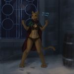  2017 anthro breasts cleavage clothed clothing english_text feline female fur katia_managan khajiit mammal navel oblivion outside painted_underwear prequel radian solo text the_elder_scrolls video_games webcomic yellow_fur 