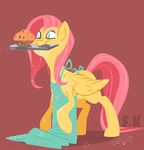  2017 blue_eyes digital_media_(artwork) equine female feral fluttershy_(mlp) fluttershythekind food friendship_is_magic hair hi_res hooves mammal muffin my_little_pony pegasus pink_background pink_hair simple_background smile solo standing wings 