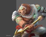  2017 abs anthro armor bear belt biceps big_muscles brown_eyes brown_fur brown_nose cape clothed clothing fangs fur gawein-dragon helmet male mammal muscular muscular_male open_mouth orange_eyes pants pecs simple_background solo teeth tongue weapon 