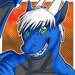  2012 anthro biped black_countershading black_scales blue_scales border bust_portrait countershade_torso countershading digital_media_(artwork) dotted_background dragon eclipsewolf fangs front_view green_eyes grin hair horn icon looking_at_viewer low_res male membranous_wings outside_border pattern_background portrait reverse_countershading scales scalie short_hair simple_background smile snout solo teeth white_border white_hair white_horn wings zelig 