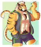  2017 abs anthro biceps big_muscles clothed clothing feline fur hi_res leo_albicans male mammal muscular muscular_male pecs pubes solo tiger vest 