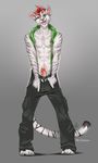  2017 abs anthro cheeky clothed clothing digital_media_(artwork) feline finnian_ennis fur furlana grin hi_res looking_at_viewer male mammal muscular nipples open_mouth partially_clothed paws pecs penis simple_background smile solo stripes teeth tiger toes tongue white_fur 