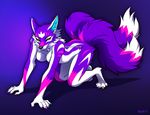  2017 5_fingers anthro black_nose breasts canine digital_media_(artwork) eyelashes falvie featureless_breasts female fur mammal purple_fur simple_background smile solo yellow_eyes 