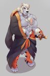  2017 abs anthro arm_wraps armor bandage biceps big_muscles black_nose canine claws clothed clothing footwear fur grey_fur hair hi_res leg_wraps looking_at_viewer male mammal melee_weapon muscular muscular_male one_eye_closed open_robe pecs red_eyes robe sandals scar smile solo standing stomach_wraps sword tiger_est toe_claws weapon white_fur white_hair wink wolf wraps 