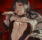  ask_(askzy) blood blood_on_breasts blood_on_face blood_on_fingers breasts brown_hair center_opening choker consort_yu_(fate) earrings fate/grand_order fate_(series) fur_collar jewelry long_hair lying on_back red_eyes small_breasts 