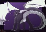  &gt;:) 2017 absurd_res anus balls black_border black_skin border cannibalistic_tendencies ciradis claws dragon feral hi_res horn looking_back male membranous_wings outside_border purple_anus purple_background purple_eyes quadruped raised_tail rear_view scales scalie simple_background smaller_version_at_source smile solo spread_wings standing watermark western_dragon white_balls white_scales white_skin wings 