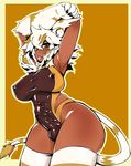  abs blonde_hair blue_eyes clothing dark_skin dickgirl feline hair hayden(solfies) hi_res intersex mammal paws pubes solo swimsuit tongue tongue_out 