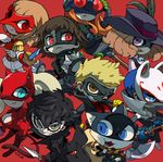  amamiya_ren black_hair blonde_hair blue_hair bodysuit brown_hair cat chibi fur_trim headphones jacket kitagawa_yuusuke long_hair looking_at_viewer mask morgana_(persona_5) niijima_makoto niking okumura_haru orange_hair persona persona_5 red_background red_eyes sakamoto_ryuuji sakura_futaba short_hair smile sword takamaki_anne twintails weapon zipper 