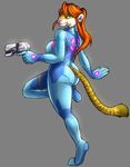  anthro butt butt_pose feline female green_eyes gun hair handgun hi_res looking_back mammal metroid nintendo orange_hair pistol ranged_weapon rubber samus_aran solo thebigbadwolf01 tiger video_games weapon zero_suit 