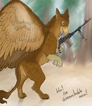  avian birdlock bullet dialogue digital_media_(artwork) eye_contact fantasy feathers forest fur gryphon gun hi_res lennard magazine on_hind_legs pine_trees pkm pose ranged_weapon rear_view smile smirk solo text tree weapon wings 