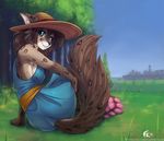  2017 anthro blue_eyes breasts brown_hair clothing dress female fluff-kevlar hair hat kathrin_(twokinds) keidran mammal outside sky solo twokinds 