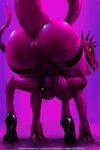 2017 4_fingers all_fours anthro anus bent_over big_butt big_thighs biped breasts butt butt_focus clothing digital_media_(artwork) digital_painting_(artwork) digitigrade dinosaur female footwear gradient_background hanging_breasts high_heels humanoid_hands interstellar_demon_stripper leather lighting lingerie long_tail looking_at_viewer looking_back mostly_nude nihilophant non-mammal_breasts open_mouth open_smile pink_anus pink_background pink_body pink_pussy pink_tail pink_theme presenting presenting_anus presenting_hindquarters presenting_pussy purple_background pussy raised_tail rear_view rick_and_morty scalie shadow sharp_teeth shoes simple_background slit_pupils smile solo spikes stripper teeth theropod url yellow_eyes 