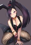  animal_ears arm_support bangs bare_shoulders black_leotard blush bracelet breasts bunny_ears bunnysuit choker cleavage coattails collar collarbone dragon_quest dragon_quest_xi eyes_visible_through_hair fake_animal_ears fishnet_pantyhose fishnets grey_background heart heart-shaped_pupils heart_choker highres holding_leash jewelry kagematsuri large_breasts leash leotard licking_lips long_hair looking_at_viewer martina_(dq11) pantyhose ponytail purple_eyes purple_hair shiny shiny_clothes solo squatting swept_bangs symbol-shaped_pupils tongue tongue_out very_long_hair vest 
