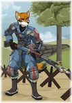  animated anthro armor brown_eyes canine clothed clothing fully_clothed gun loop male mammal military_uniform outside p-aei ranged_weapon rifle solo standing uniform valkyria_chronicles weapon wolf yokhame 