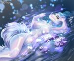  anthro arctic_fox bathing blue_hair breasts canine detailed_background female fox hair lake lily lily_pad mammal nipples partially_submerged plant pond pussy qrichy solo water 