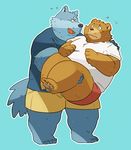  2017 anthro arufina_w bear blue_background blue_fur bridal_carry brown_fur canine clothed clothing duo fur male mammal michael_mayonnaise obese overweight shorts simple_background wolf 