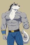  2017 abs anthro belt biceps big_muscles black_fur black_hair black_nose canine chest_tuft claws clothed clothing cuffs_(disambiguation) erection fangs flexing fur grey_fur hair kyuuhari male mammal muscular muscular_male obliques pants pecs simple_background smile solo standing teeth topless triceps tuft white_fur wolf yellow_eyes 