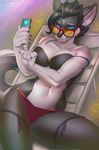  2017 anthro bikini black_hair blue_eyes bra camel_toe canine cellphone clara_kent clothing eyewear female glasses hair lying mammal miles_df phone smile solo swimsuit thong underwear 