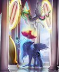  2017 blue_feathers blue_hair cutie_mark digital_media_(artwork) duo equine feathered_wings feathers female feral friendship_is_magic hair hi_res horn mammal mechagen my_little_pony princess_celestia_(mlp) princess_luna_(mlp) smile white_feaathers winged_unicorn wings 