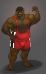  anthro armpit_hair barefoot bear biceps bulge clothed clothing flexing hat horrorbuns male mammal musclegut muscular muscular_male nipples pecs solo standing wrestling_singlet 