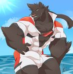  2017 abs absurd_res anthro biceps big_biceps big_muscles big_pecs black_fur bulge cat clothing daikitei digital_media_(artwork) feline fur hi_res male mammal muscular muscular_male one_eye_closed outside pecs seaside solo summer wink 