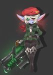  1girl blue_skin blush boots breasts eyepatch full_body gloves hat league_of_legends mechanical_eye pants pointy_ears red_eyes scar soldier thigh_boots trench_coat tristana uniform weapon white_hair yordle 