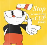  2017 absurd_res animate_inanimate clothing cuphead_(game) digital_media_(artwork) english_text gloves hi_res humanoid looking_at_viewer not_furry object_head pointing reaction_image red_nose shane78x simple_background solo straw text yellow_background 