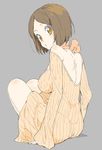  absurdres backless_dress backless_outfit bangs bare_shoulders blush breasts brown_eyes brown_hair closed_mouth copyright_request donguri_suzume dress eyebrows_visible_through_hair from_behind full_body grey_background highres large_breasts long_sleeves looking_at_viewer looking_back orange_sweater parted_bangs short_hair simple_background sitting solo sweater sweater_dress 