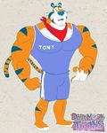  anthro big_muscles blu3danny bulge clothed clothing darkmoontoons english_text feline frosted_flakes hi_res hyper hyper_muscles male mammal muscular muscular_male shirt shorts solo tank_top text tiger tony_the_tiger 