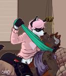  2017 anthro better_version_at_source canine clothing digital_media_(artwork) duo hair horn kissing male male/male mammal open_mouth pink_hair scarf siriuswolfus 