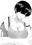  1girl absurdres blush bra_strap bracelet breast_rest breasts chin_rest collarbone commentary downblouse english_commentary greyscale hair_between_eyes highres jewelry large_breasts looking_at_viewer monochrome norman_maggot off_shoulder ol-chan_(norman_maggot) open_clothes original pov short_hair sitting solo table tank_top unzipped 