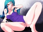  arm_support blue_hair breasts censored cleavage female final_fantasy final_fantasy_vii leotard leotard_aside licking_lips long_hair looking_at_viewer okurapuchi pussy red_eyes snow snow_(ff7) solo spread_legs tongue_out 