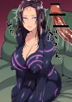  1girl absurdres bar_censor bodypaint bodysuit breasts brown_hair censored cleavage collarbone commentary_request couch erect_nipples erection facial_mark hands_on_thighs highres huge_breasts kai&#039;sa kayumidome league_of_legends long_hair open_mouth painted_clothes penis purple_eyes sitting translation_request 