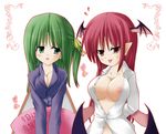  :p blush breasts cleavage covered_nipples daiyousei fang green_eyes green_hair hair_ribbon head_wings koakuma large_breasts long_hair multiple_girls naughty_face nipple_slip nipples no_bra open_clothes open_shirt pajamas pillow pointy_ears red_eyes red_hair ribbon shirt side_ponytail tongue tongue_out touhou uhyo_(uhyoahya) white_shirt wings 