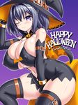  1girl bare_shoulders black_gloves black_legwear blush breasts bursting_breasts cape cleavage curvy elbow_gloves erect_nipples female gloves gradient_background halloween hat huge_breasts looking_at_viewer miniskirt navel necklace original purple_eyes purple_hair short_hair simple_background solo thighhighs thighs tsukioka_kirio wink witch witch_hair 