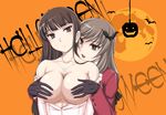  :d bangs bare_shoulders bat bat_hair_ornament black_gloves blunt_bangs blush breast_grab breast_hold breasts breasts_outside brown_eyes brown_hair cleavage closed_mouth collarbone expressionless fangs full_moon girls_und_panzer gloves grabbing grabbing_from_behind hair_ornament halloween head_tilt jewelry large_breasts long_hair long_sleeves looking_at_viewer moon multiple_girls necklace nishizumi_shiho open_mouth orange_background pumpkin shimada_chiyo silhouette smile tsurime upper_body vampire vampire_costume wan'yan_aguda yuri 