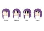  :d bangs comparison english eyebrows_visible_through_hair face highres hinata_yukari long_hair looking_at_viewer okayparium open_mouth purple_hair simple_background sketch smile white_background yuyushiki |_| ||_|| 