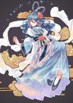  alternate_costume alternate_hairstyle blue_eyes blue_hair chinese_clothes earrings fan floating flower hair_flower hair_ornament hair_rings hair_stick highres houraisan_chouko jewelry kaku_seiga lipstick long_hair makeup nail_polish paper_fan shawl solo touhou 