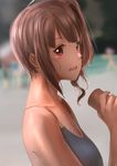  absurdres ahoge blurry blush brown_hair depth_of_field faiz_azhar highres idolmaster idolmaster_million_live! long_hair looking_at_viewer purple_eyes side_ponytail smile solo sweat yokoyama_nao 