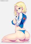  1girl android_18 ass bangs bare_legs bare_shoulders barefoot blonde_hair blue_bra blue_eyes blue_panties blush bra breasts commentary dragon_ball dragonball_z earrings from_behind hong_(white_spider) jacket jewelry long_sleeves looking_at_viewer looking_back medium_breasts open_clothes open_jacket open_mouth panties parted_bangs patreon_username seiza short_hair sideboob signature simple_background sitting soles solo thong toes underwear 