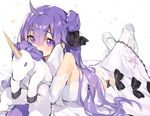  aemochi azur_lane bad_id bad_pixiv_id bangs bed_sheet black_bow black_ribbon bow commentary covered_mouth detached_sleeves dress eyebrows_visible_through_hair hair_between_eyes hair_bun hair_ribbon long_hair looking_at_viewer lying object_hug on_bed on_stomach pantyhose purple_eyes purple_hair ribbon shoes side_bun sleeveless sleeveless_dress solo stuffed_alicorn stuffed_animal stuffed_toy unicorn_(azur_lane) very_long_hair white_background white_dress white_footwear white_legwear white_sleeves 