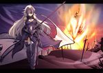  ahoge armor armored_boots bare_shoulders black_gloves boots breasts burning_at_the_stake chain closed_eyes closed_mouth commentary_request elbow_gloves fate/grand_order fate_(series) flag fu-ta gauntlets gloves greaves headpiece highres jeanne_d'arc_(alter)_(fate) jeanne_d'arc_(fate)_(all) long_hair medium_breasts planted_sword planted_weapon silver_hair smile solo sword thigh_boots thighhighs very_long_hair weapon 