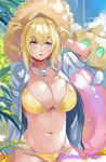  absurdres bangs bikini blonde_hair blue_eyes blush breasts cleavage commentary dappled_sunlight denizen_tomo hat highres large_breasts long_hair navel open_clothes open_shirt original parted_lips phantasy_star phantasy_star_online_2 shirt sitting solo stomach straw_hat sunlight swimsuit two_side_up white_shirt yellow_bikini 