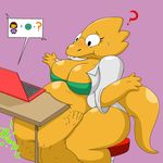  1:1 abdominal_bulge alphys ambiguous_gender anthro brohan computer confusion duo electronics english_text eyewear female female/ambiguous female_pred frisk_(undertale) furniture glasses hi_res human lizard mammal question_mark reptile same_size_vore scalie simple_background solo_focus stool teeth text undertale undertale_(series) vore 