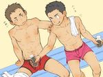  2boys bench licking_lips male_focus multiple_boys sexually_suggestive sitting sweat topless torte_(triggerhappy) towel underwear 