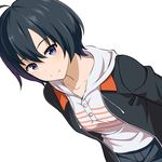  arms_at_sides black_hair grey_eyes hood hoodie huyumitsu looking_at_viewer shirobako shirt short_hair smile solo standing striped striped_shirt toudou_misa 