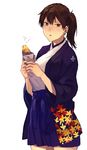  blue_skirt breasts brown_hair cowboy_shot dotera_(clothes) food fukazaki holding holding_food japanese_clothes kaga_(kantai_collection) kantai_collection large_breasts looking_at_viewer short_hair side_ponytail skirt solo sweet_potato 